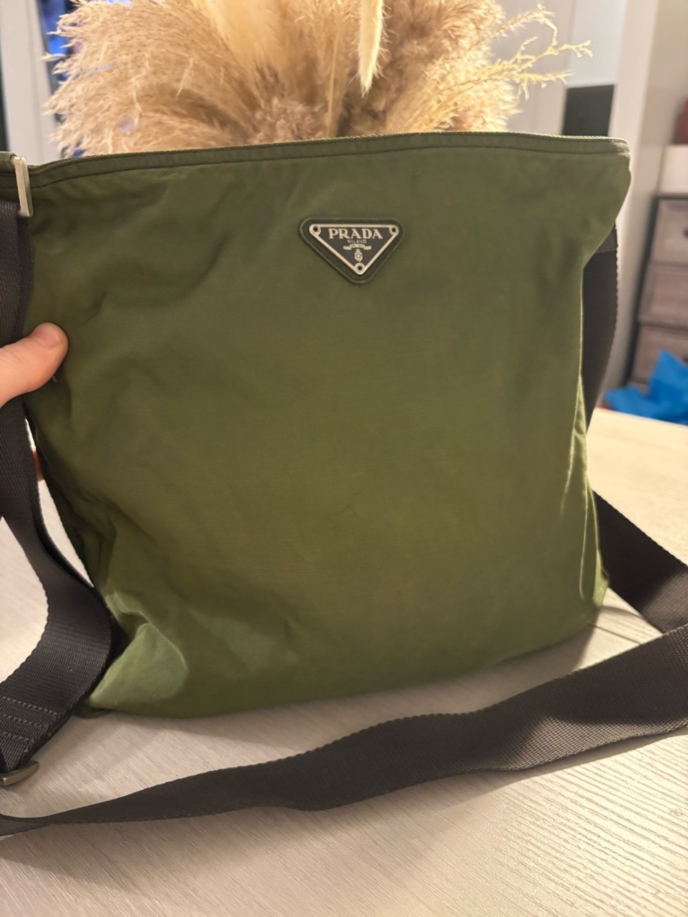 Prada Olive Green Nylon Crossbody Bag,lightweight